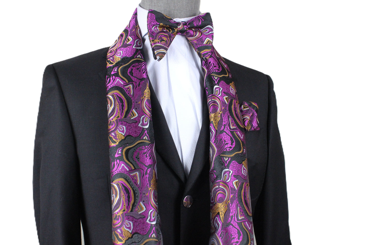 Mayan Ruins 10 | Black/Fuchsia/Gold Floral | Scarf & Bowtie Set