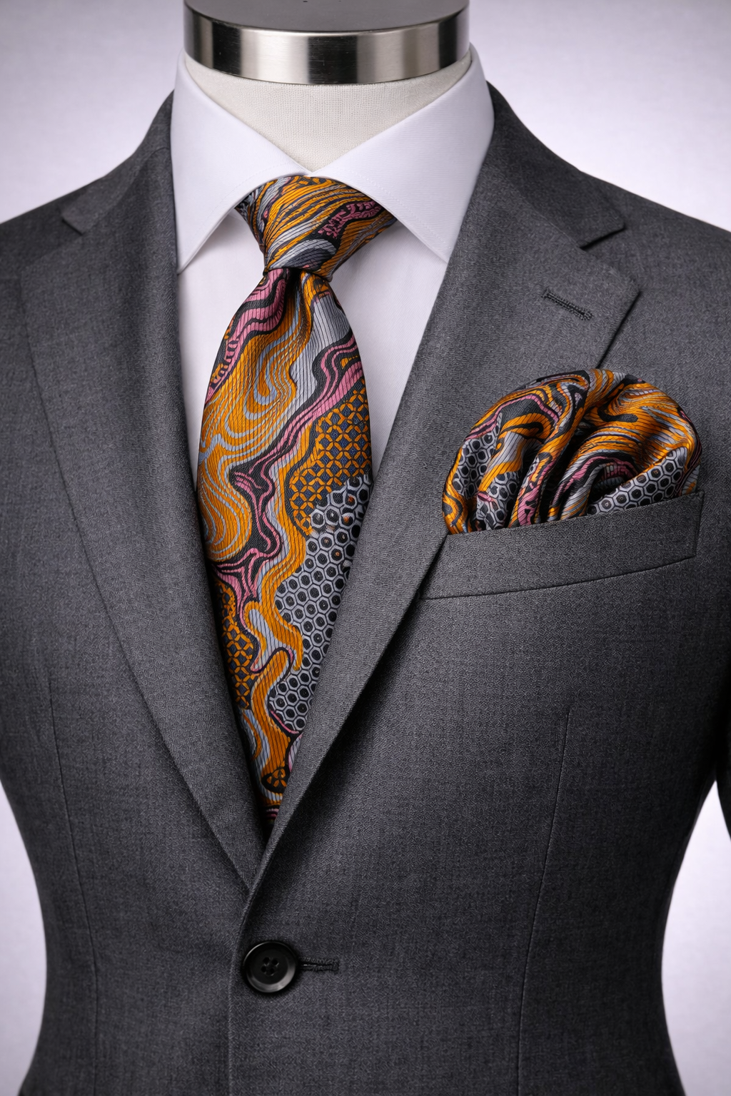 OLYMPIA 10 | GREY & ORANGE | TIE & POCKET SQAURE