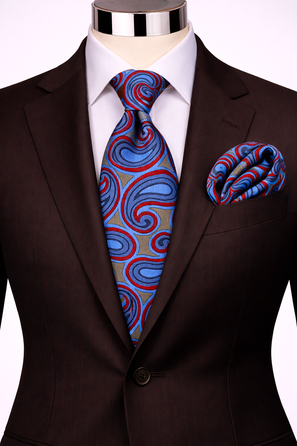 SALVATOR 1 | TAUPE/RED/BLUE | TIE & POCKET SQAURE