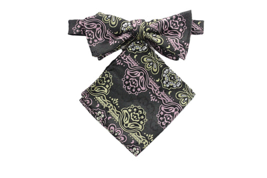 African Iris 9 | Black Yellow & Pink Floral | Bowtie & Pocket Square