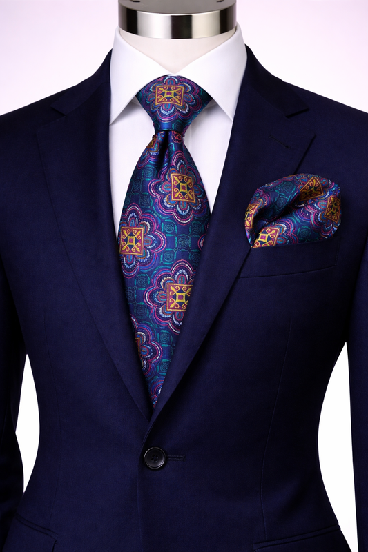 FREDO 4 | NAVY/AQUA/FUCHSIA | TIE & POCKET SQAURE