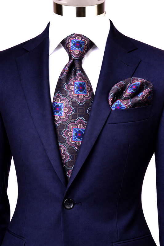FREDO 6 | NAVY/BROWN/CORAL | TIE & POCKET SQAURE