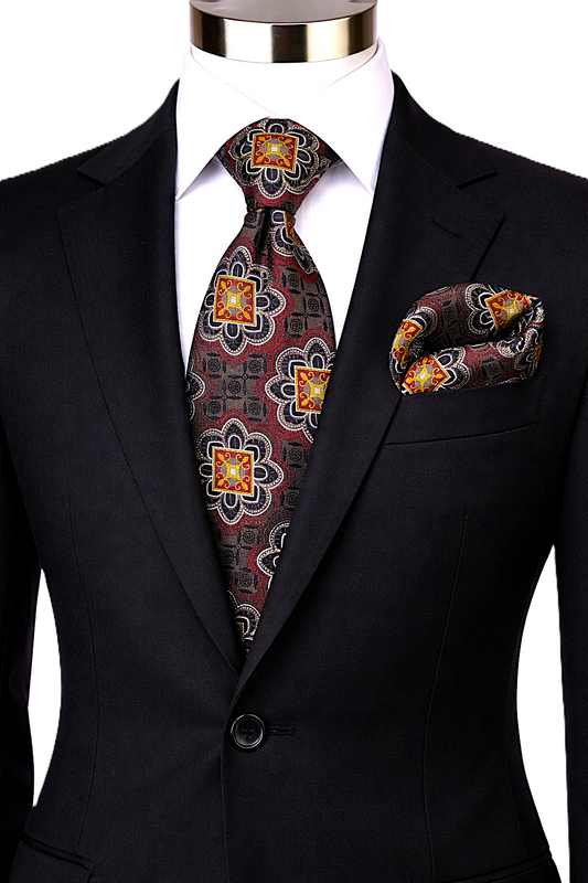FREDO 8 | COFFEE/RED/BLK | TIE & POCKET SQAURE