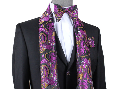 Mayan Ruins 10 | Black/Fuchsia/Gold Floral | Scarf & Bowtie Set