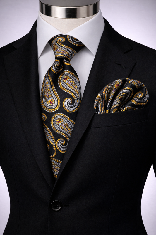 ROCCO 1 | BLK/GOLD/GREY | TIE & POCKET SQAURE