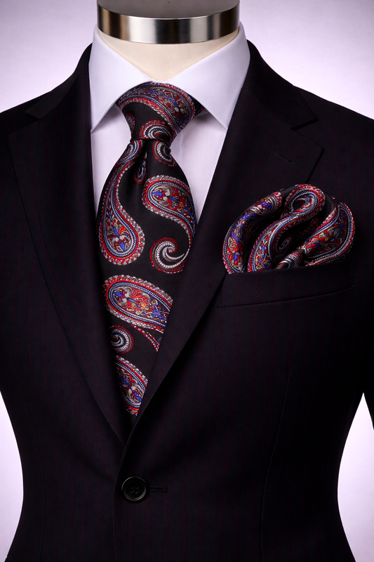 ROCCO 5 | BLACK/RED/GREY | TIE & POCKET SQAURE