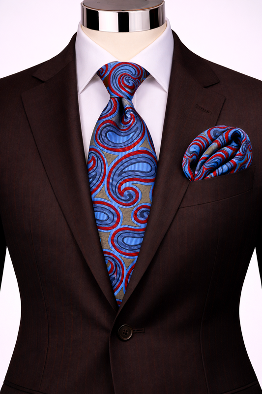 SALVATOR 1 | TAUPE/RED/BLUE | TIE & POCKET SQAURE